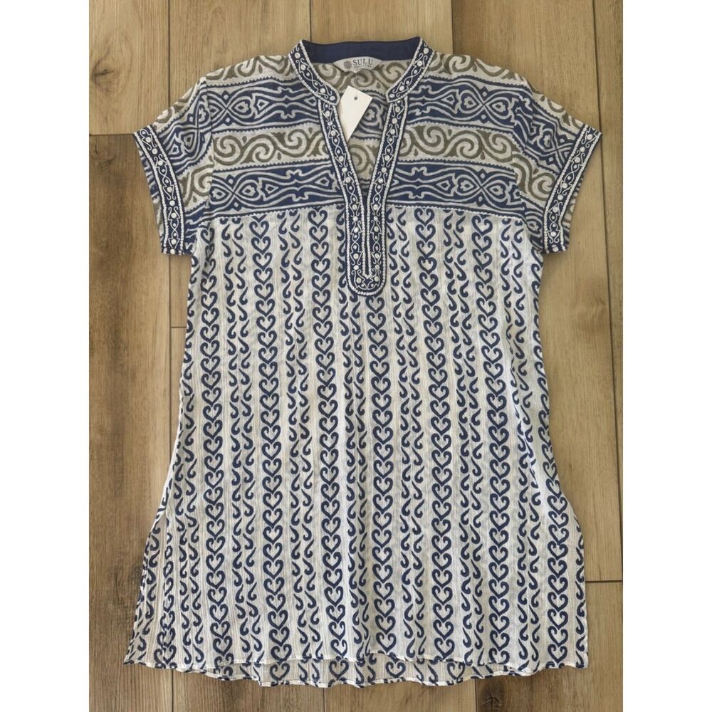 Sulu 100% Cotton Tunic Embroidered Navy Gray Print Split Neck Size 6 Boho